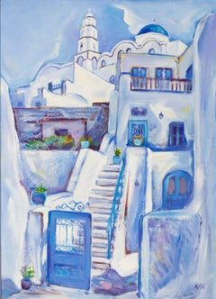 Temple and House in Santorini - Landscape Oil Painting Colors Blue White Green