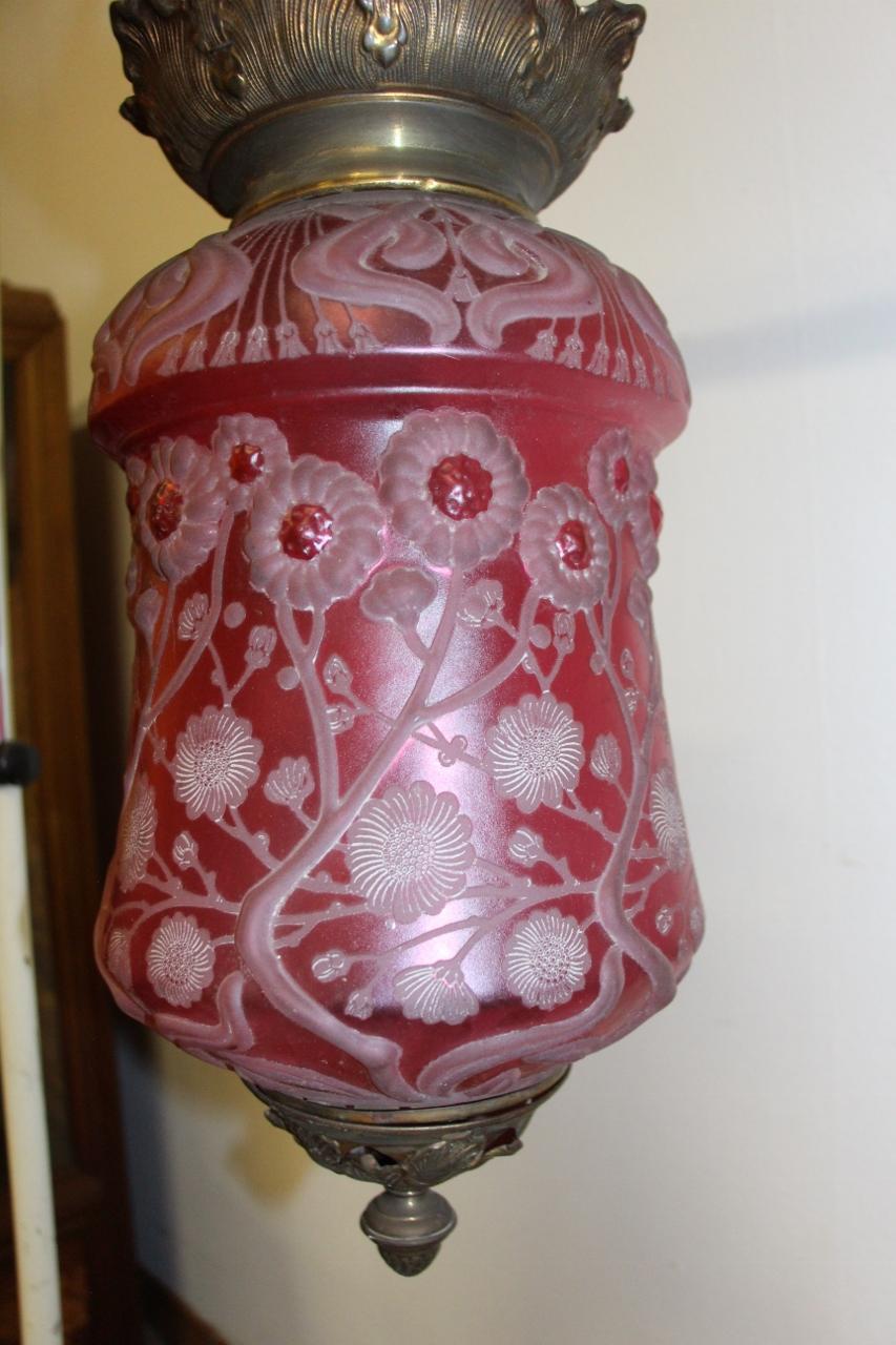 20th Century Krasna Red Crystal Lantern, Signed Art Nouveau For Sale