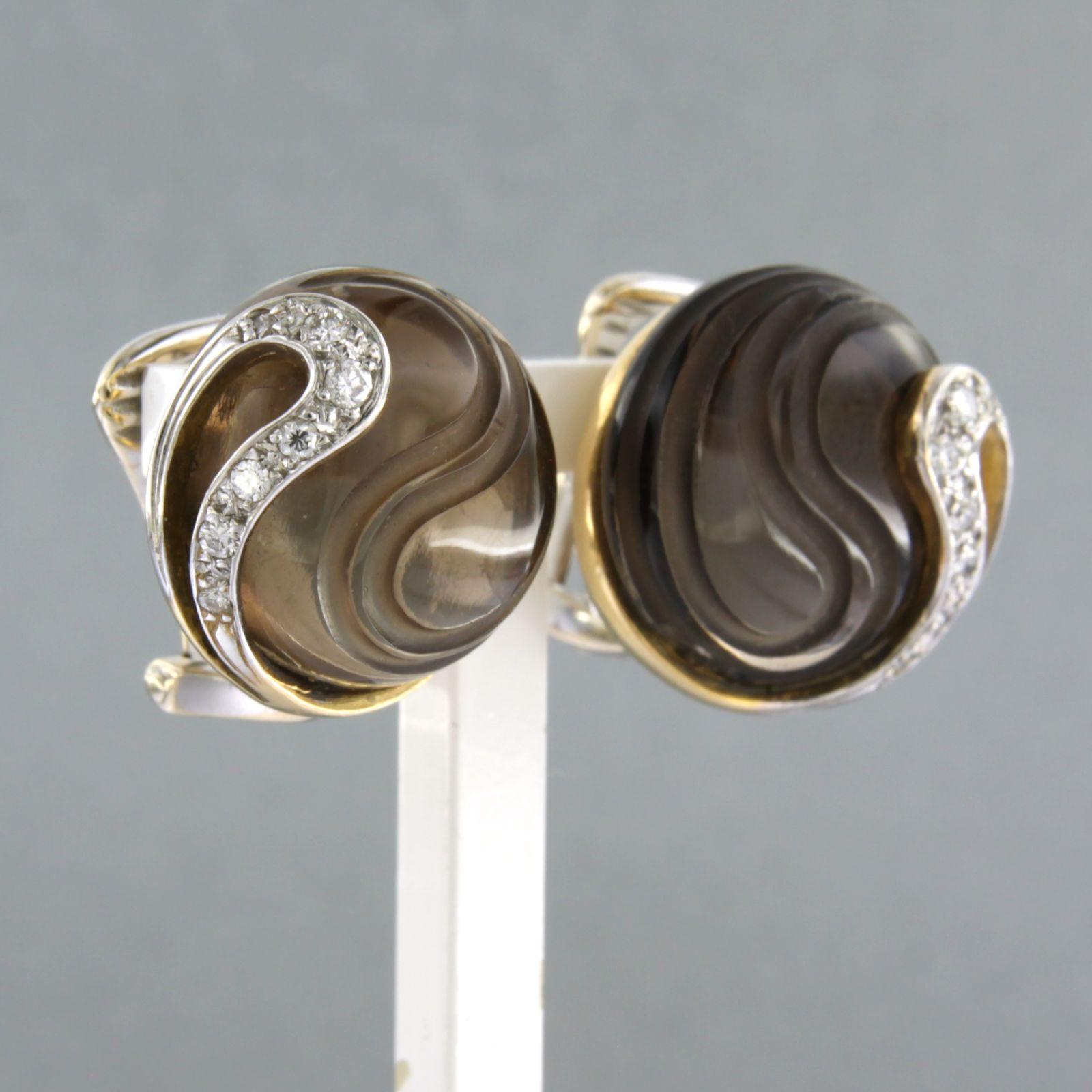 Modern KRAUSS earrings with smoked quartz and brilliant cut diamonds 0.20ct 18k gold For Sale
