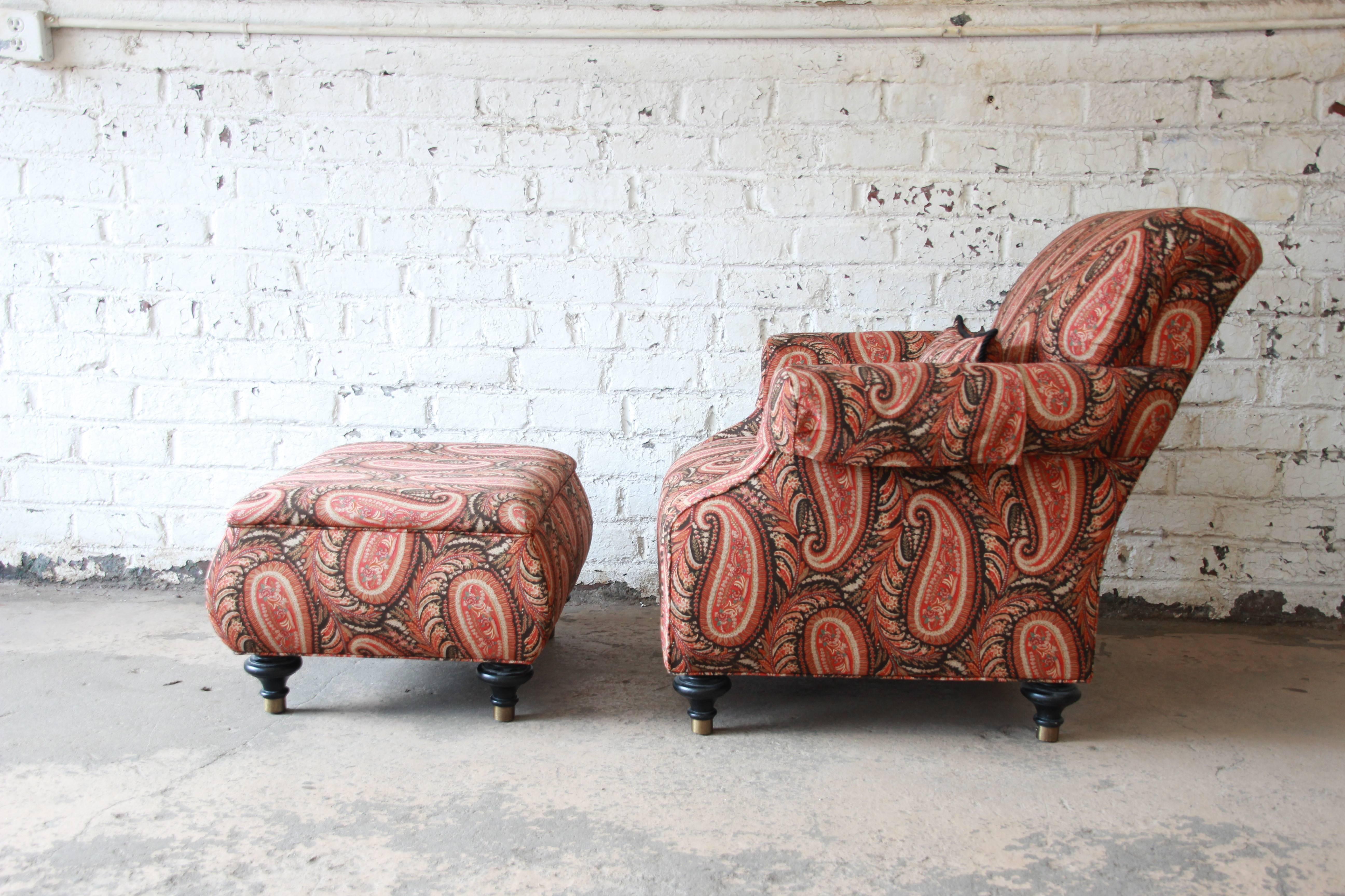 Neoclassical Kravet Lounge Chair and Ottoman in Paisley Upholstery