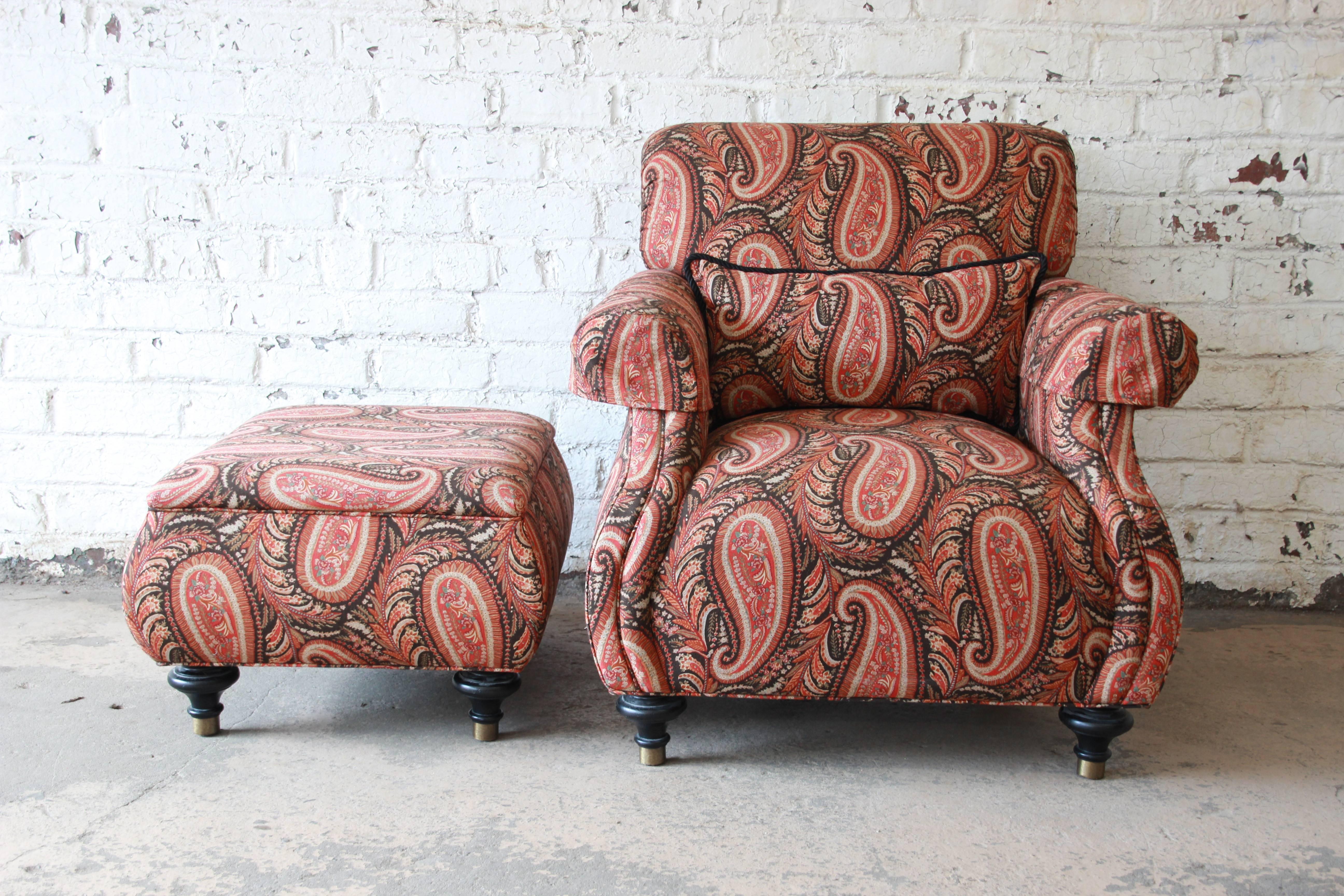 Kravet Lounge Chair and Ottoman in Paisley Upholstery In Good Condition In South Bend, IN