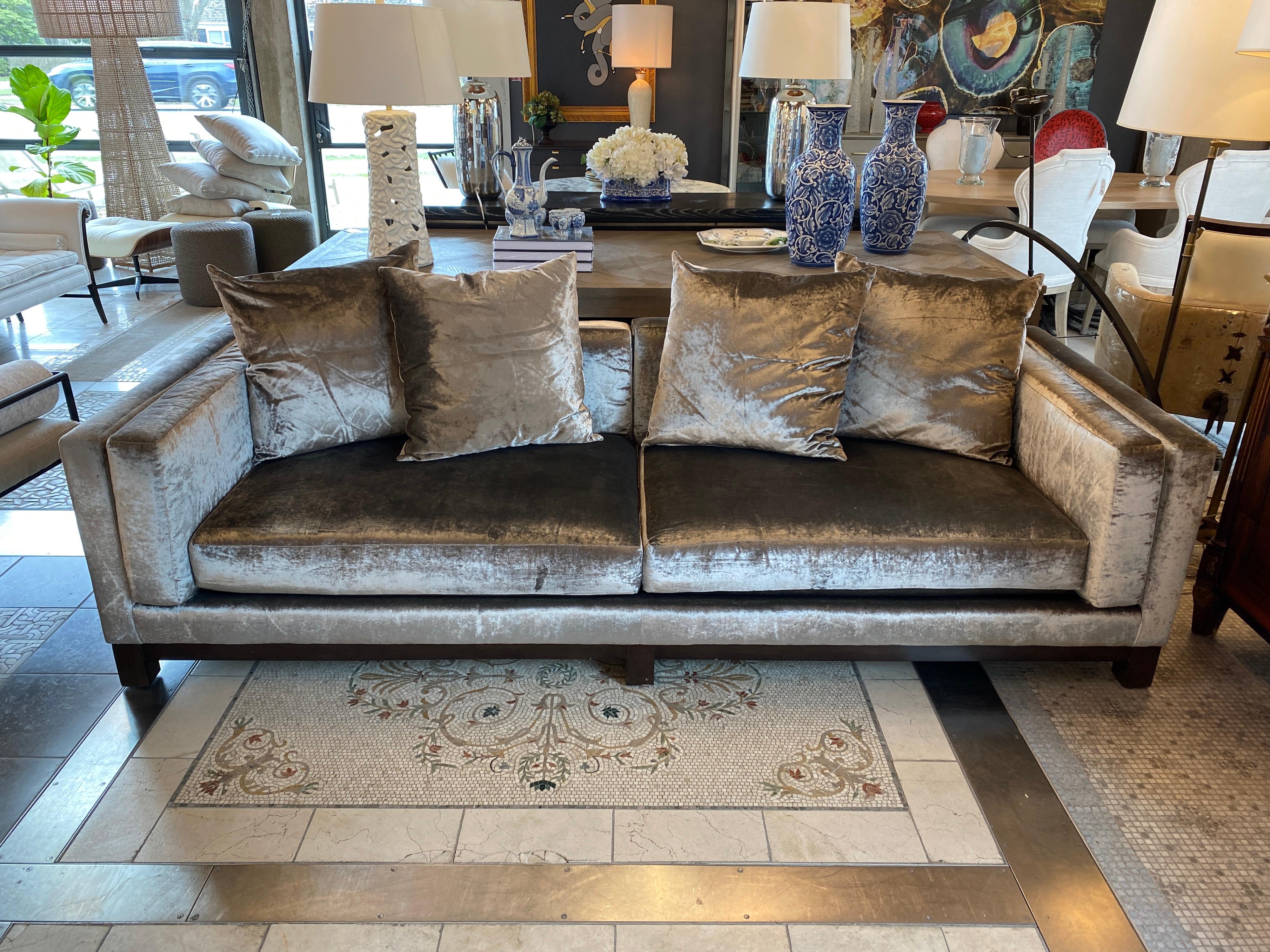 This Kravet Silver velvet sofa brings an elegant touch to any room.