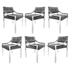  Kravet Upholstered Chrome Dining Chairs, Milo Baughman Attributed Set of 6