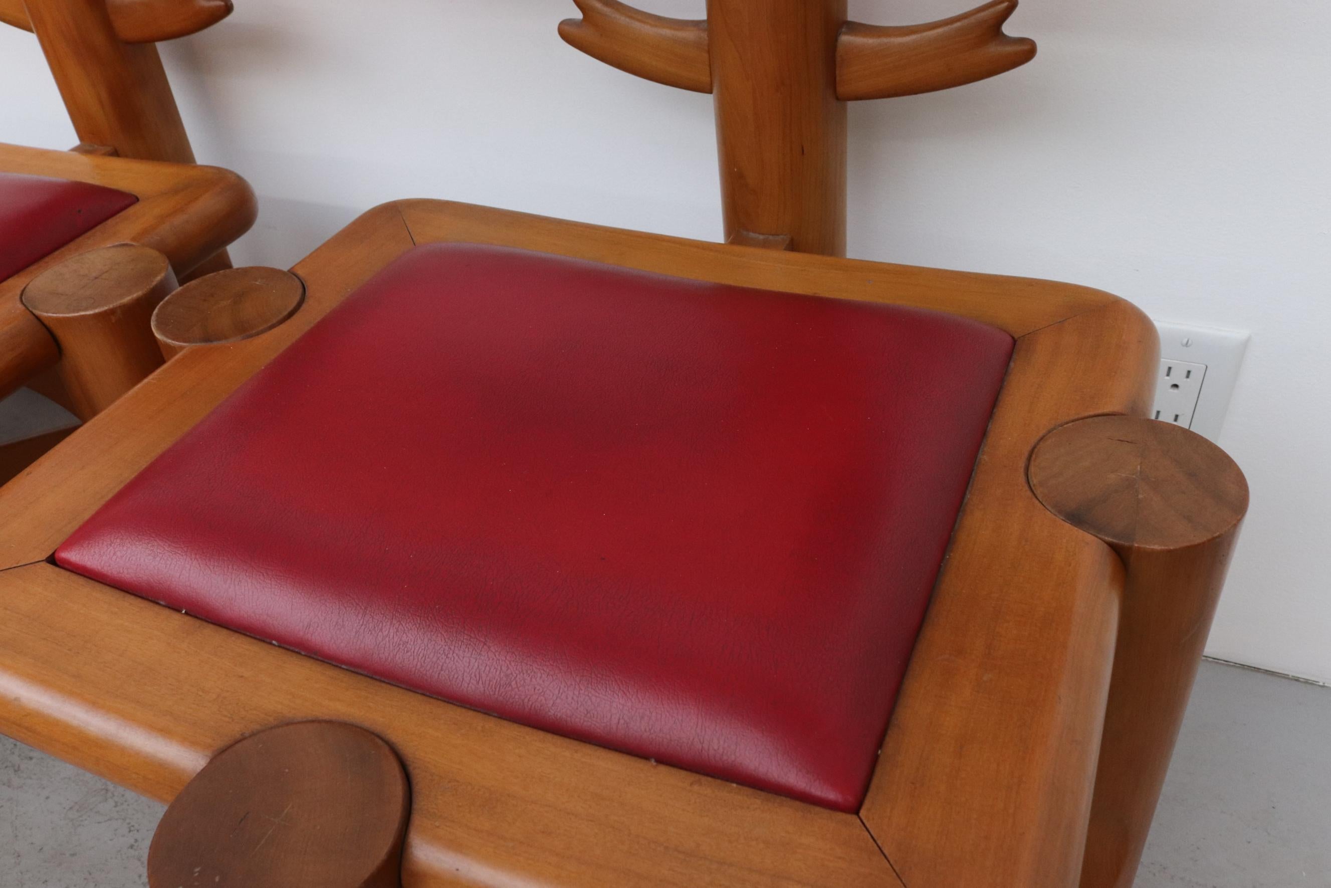 Mid-Century Bespoke Italian Carved Wood and Red Leather Card Table Set For Sale 8