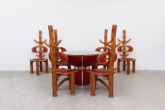Bespoke Italian 1980s Carved Elm & Red Leather Card Table Set