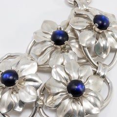 Kreisler Deep Blue Gemstone Sterling Silver Flower Link Bracelet, Foldover Clasp