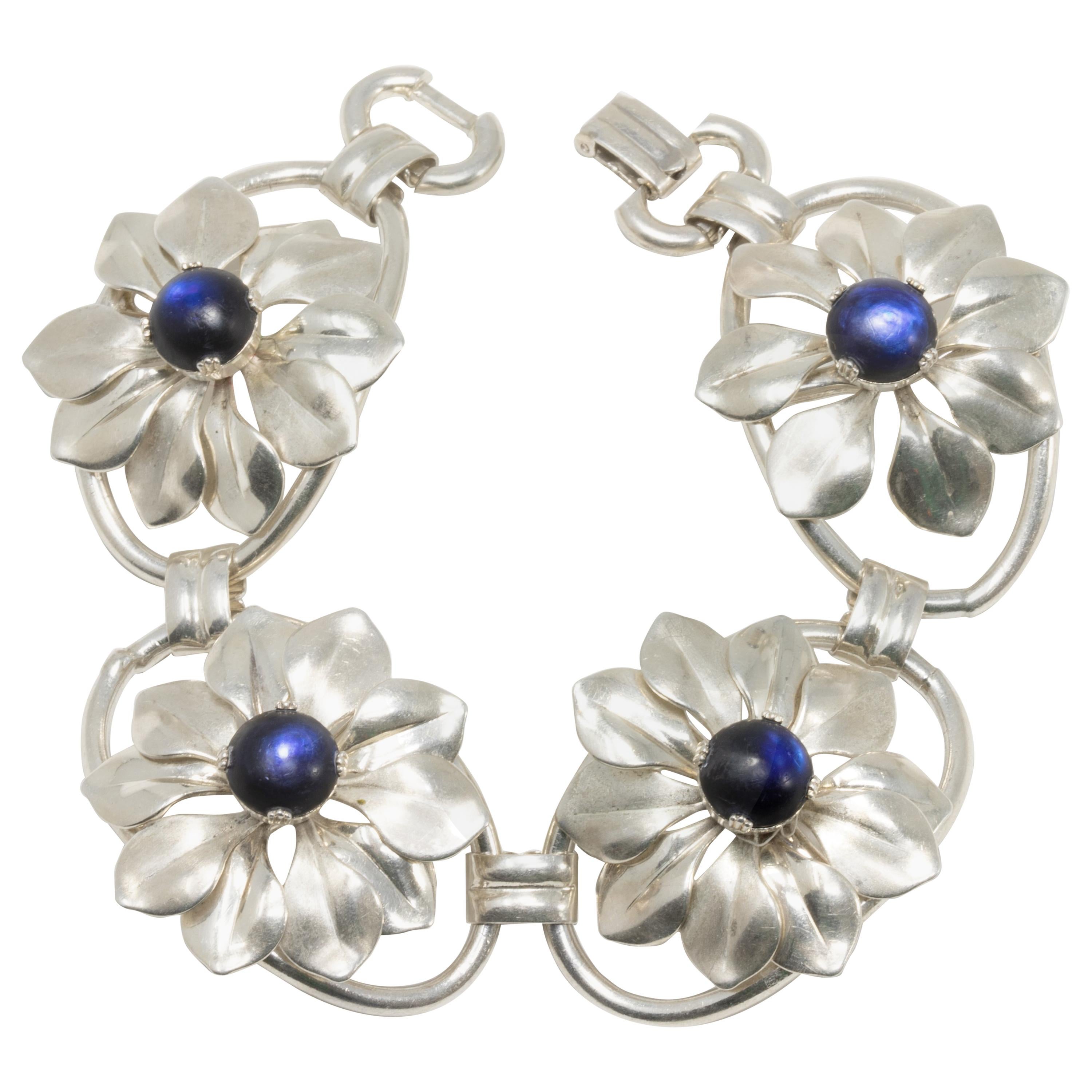 Kreisler Deep Blue Gemstone Sterling Silver Flower Link Bracelet, Foldover Clasp