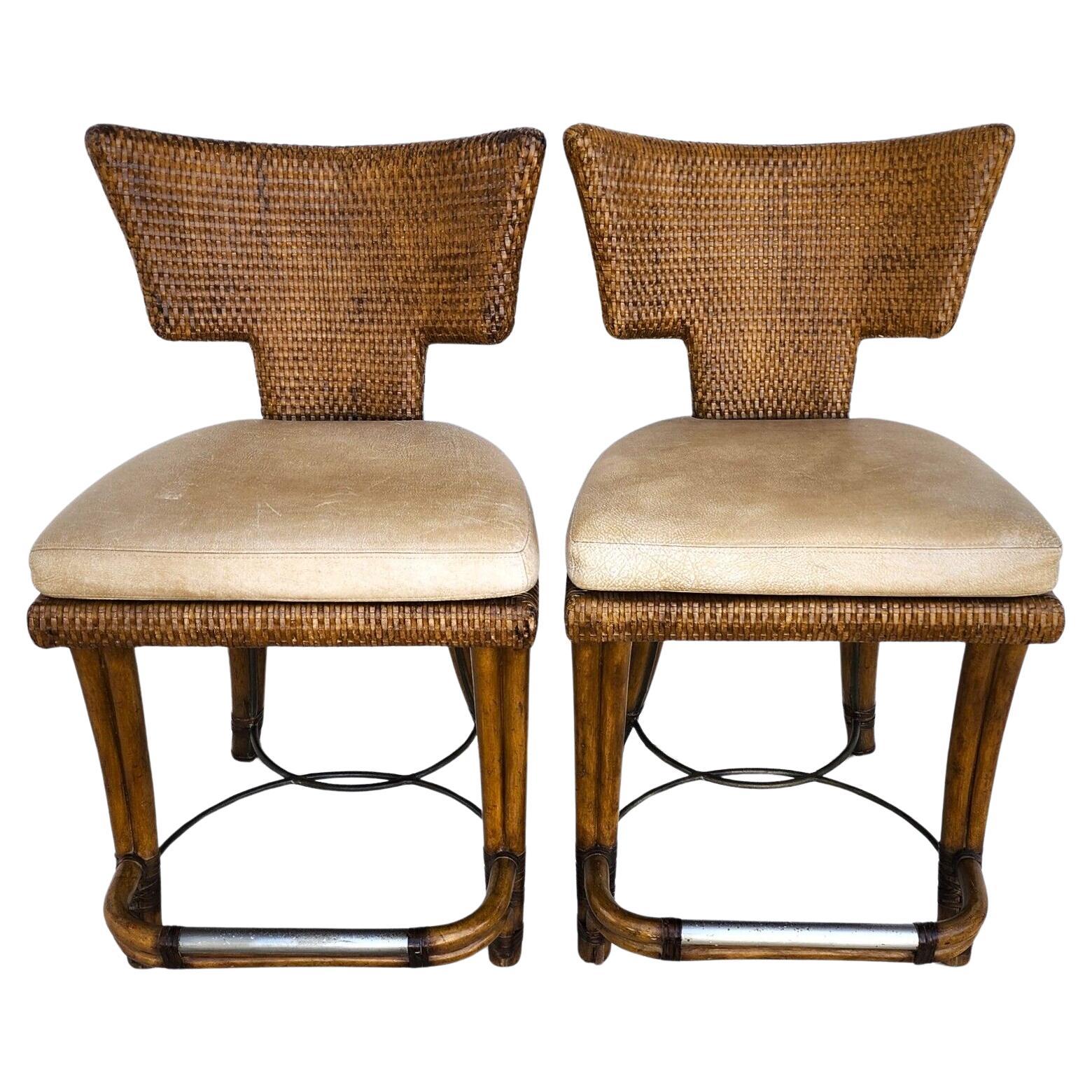 KREISS Bamboo Counter Stools Leather Pair For Sale