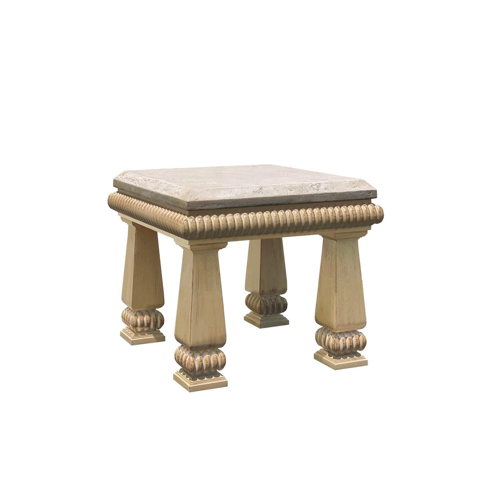 A beautiful near-perfect condition Kreiss stone-top, carved wood accent table. The table has wonderful, large scale. Stone top looks like a smoothed travertine blend. A matching coffee table is within my listings as well. The wood has a pale