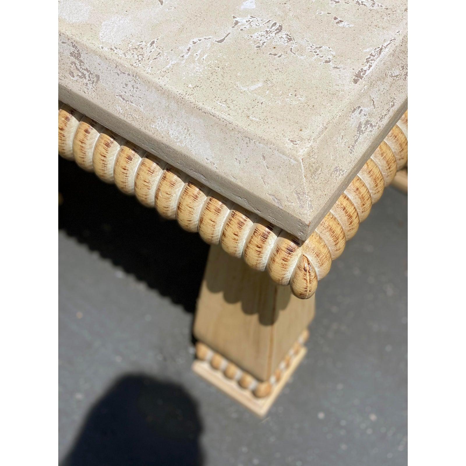Mexican Kreiss Contemporary Travertine Stone Carved Wood Accent Table For Sale