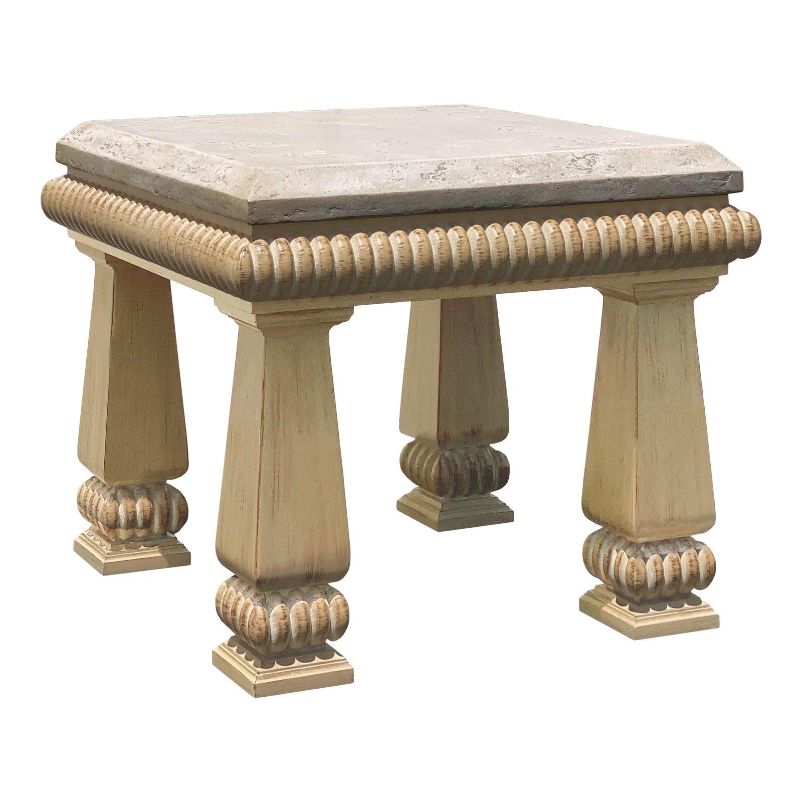 Kreiss Contemporary Travertine Stone Carved Wood Accent Table For Sale