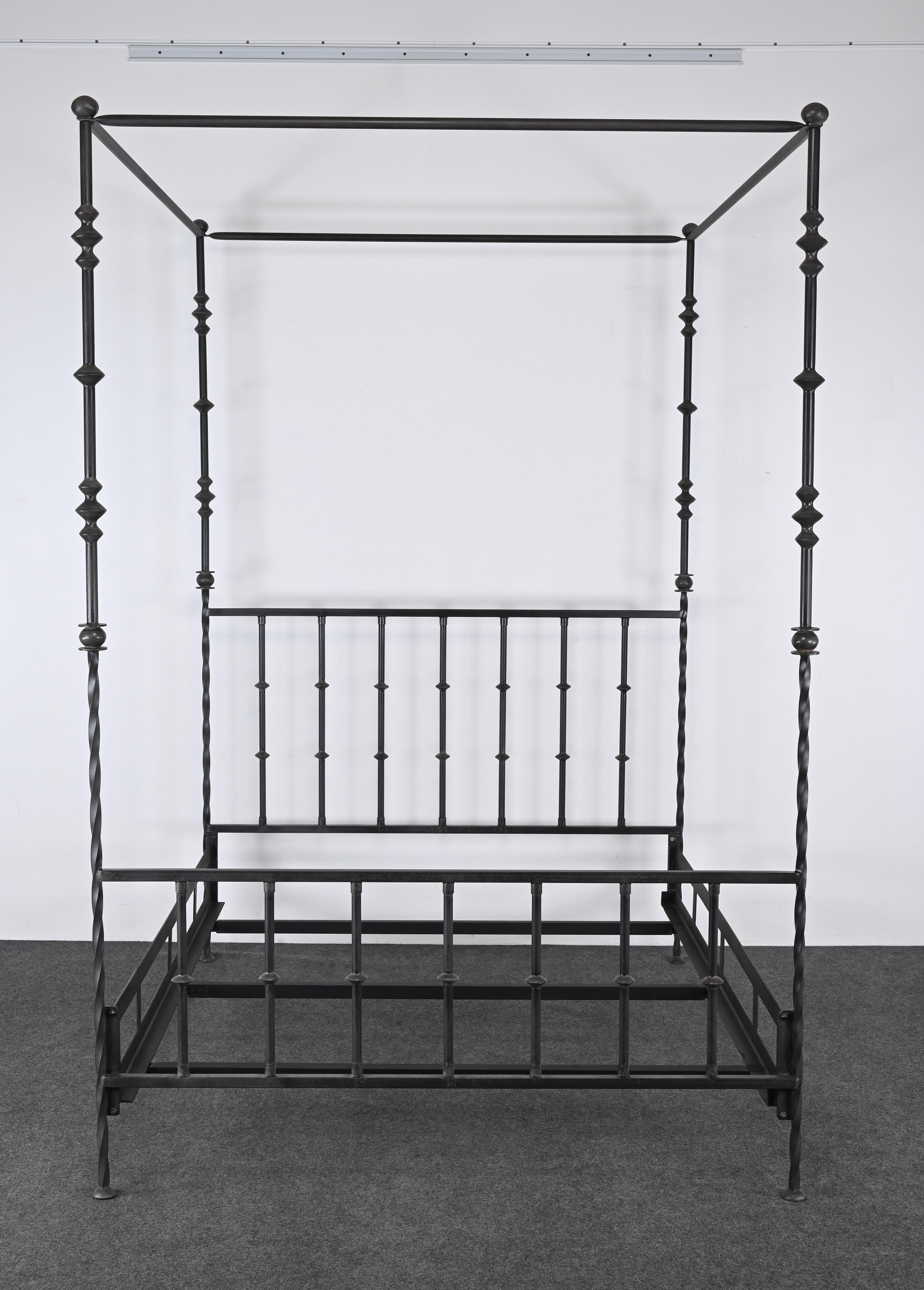 A unique Giacometti-style Poster Bed by Kreiss is titled the Provence Grande Bed. This industrialized patinated iron Bed finish has a luxurious and handsome presence. The Poster Bed would look dramatic or simple depending on how you style this