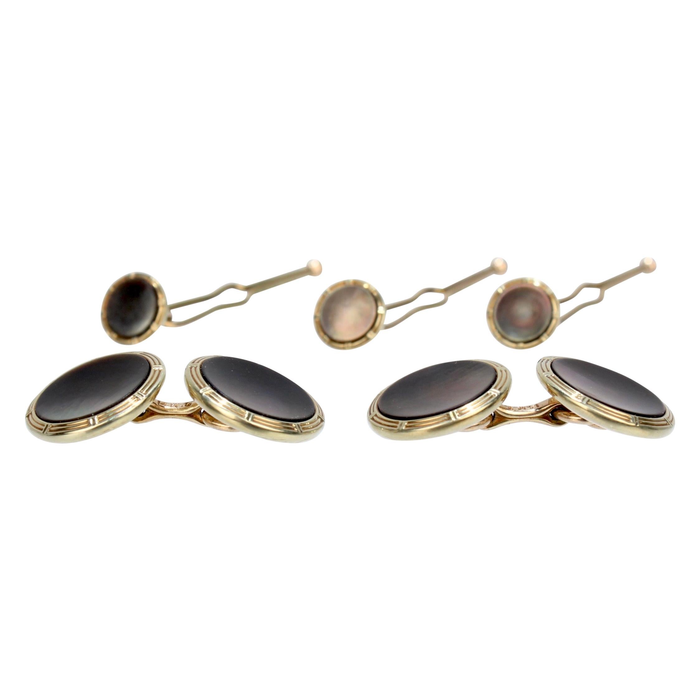 Krementz 14 Karat Gold and Mother of Pearl Cufflinks and Button Dress Set For Sale
