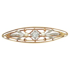Krementz 14k Gold & Platinum Pearl Diamond Detailed Floral Marquise Brooch