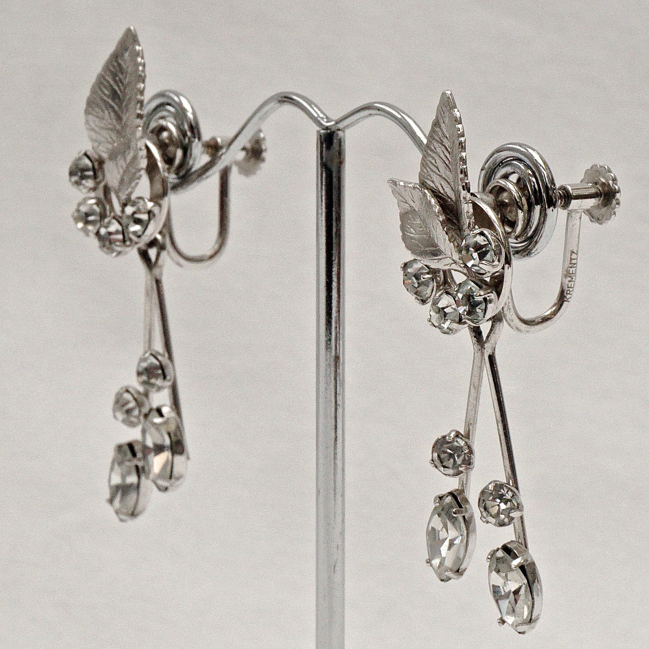 Krementz 14K White Gold Overlay Leaf Design Rhinestone Necklace and Earring Set For Sale 9