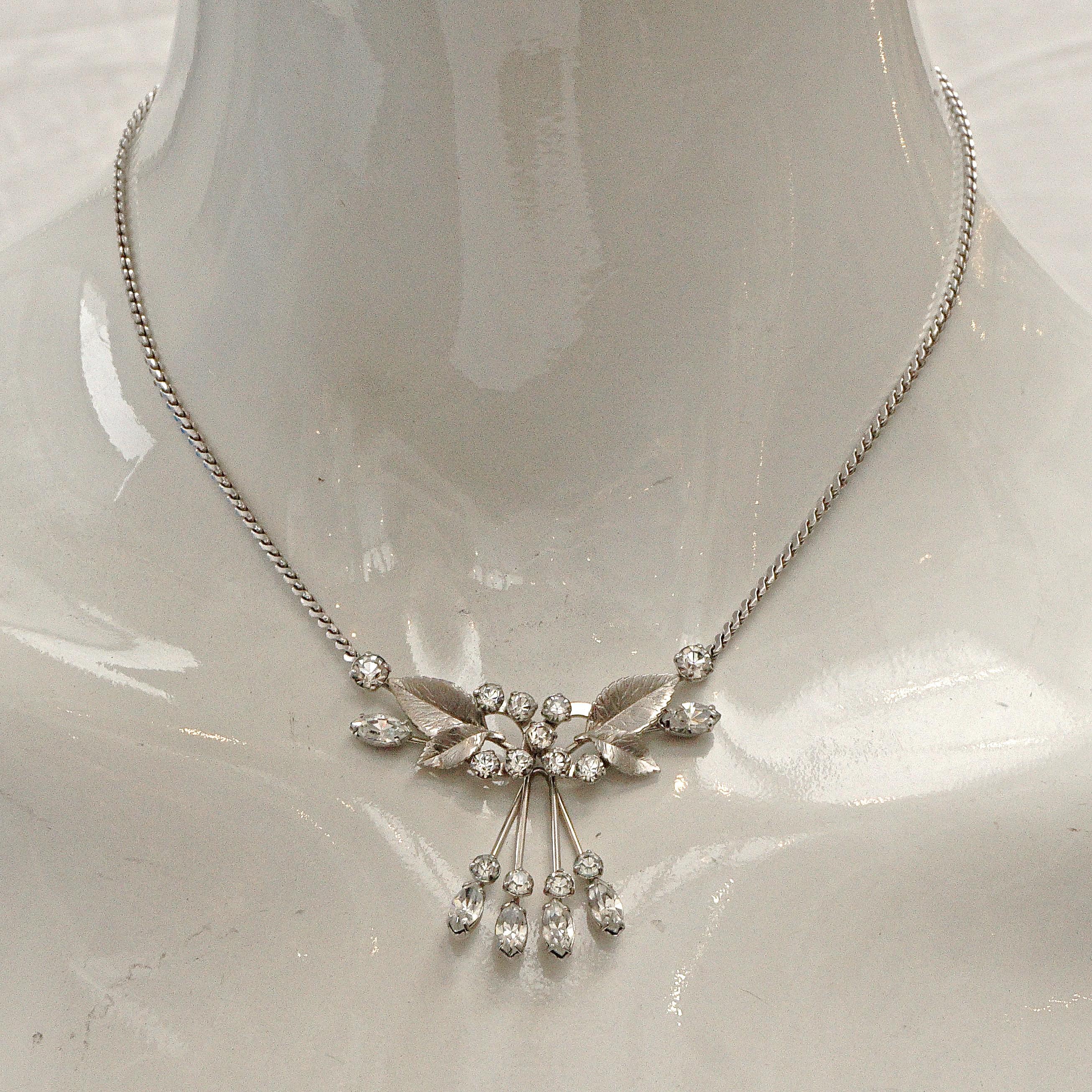 Women's or Men's Krementz 14K White Gold Overlay Leaf Design Rhinestone Necklace and Earring Set For Sale