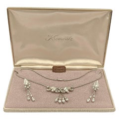 Vintage Krementz 14K White Gold Overlay Leaf Design Rhinestone Necklace and Earring Set