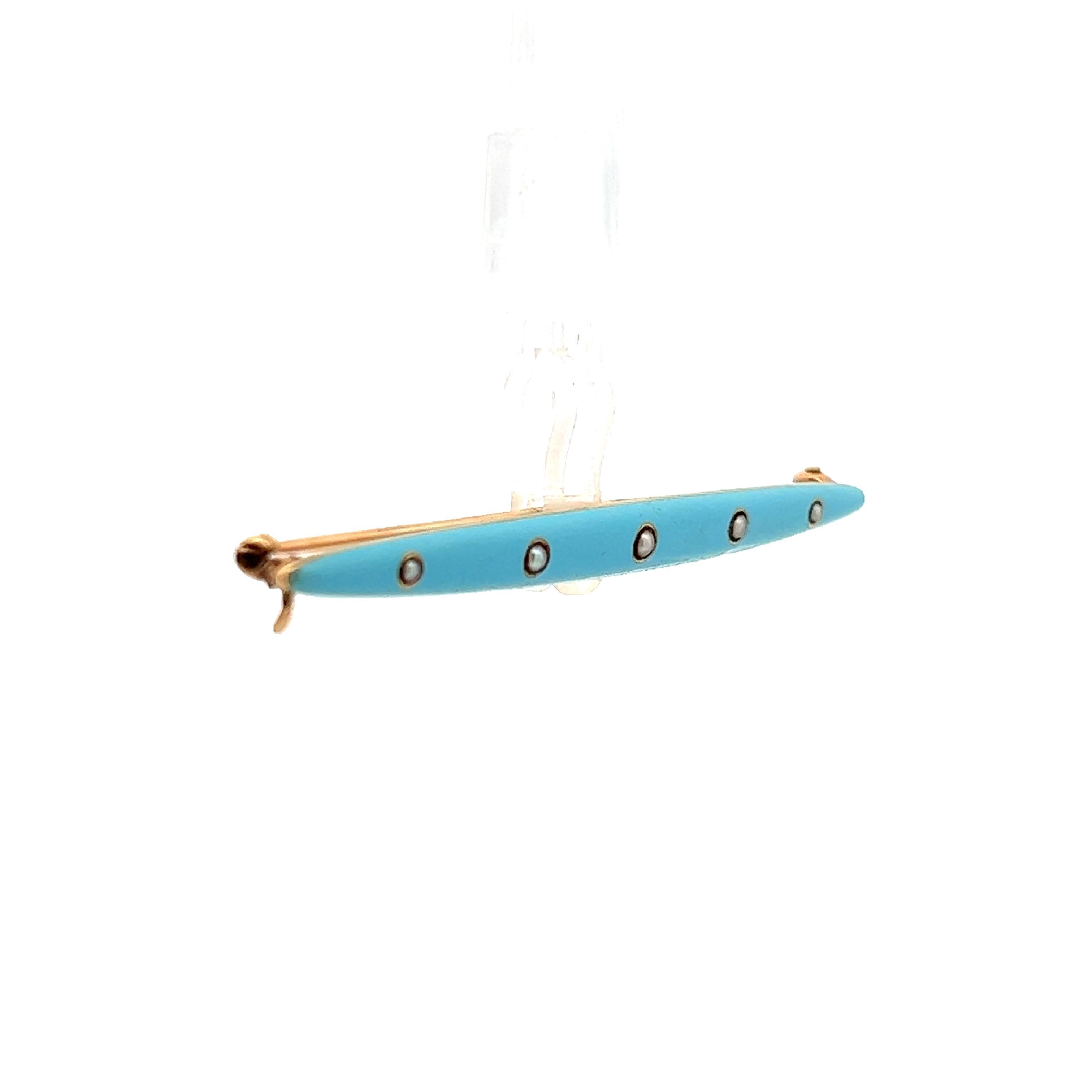 This exquisite pearl bar pin comes from 1910 Edwardian and is made with blue enamel and 14k yellow gold. The combination of baby blue enamel and lustrous pearls is soft and pleasing to the eyes, maintaining a stunning visual appeal. The design is