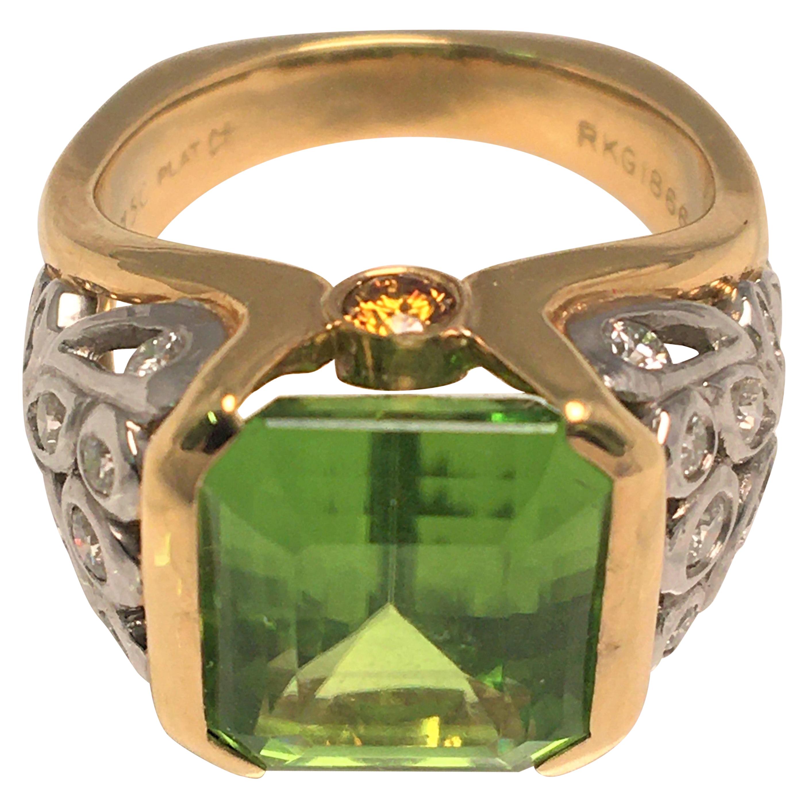 Richard Krementz Peridot Platinum and 18K Yellow Ring with Diamonds For Sale