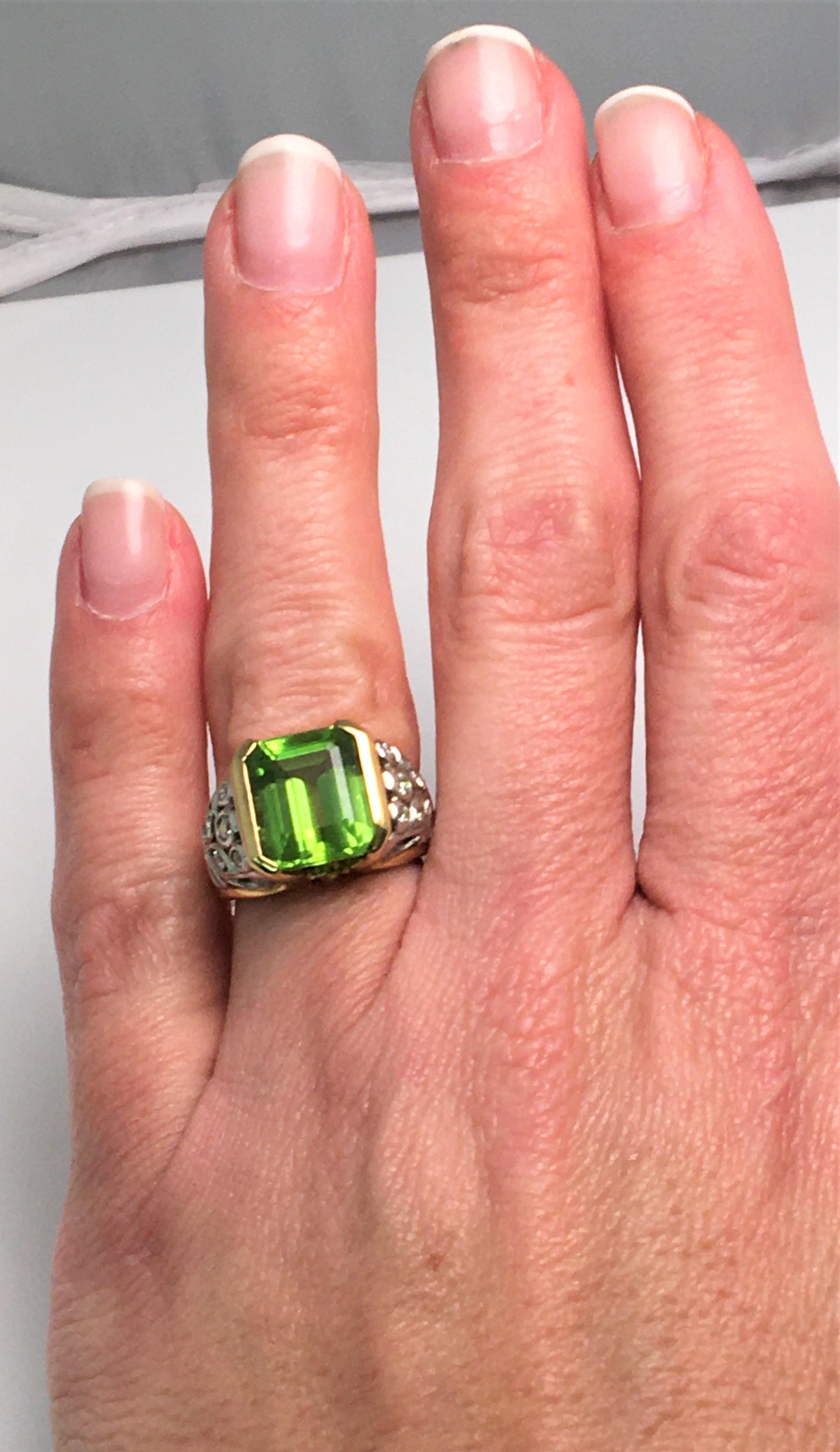 Emerald Cut Richard Krementz Peridot Platinum and 18K Yellow Ring with Diamonds For Sale