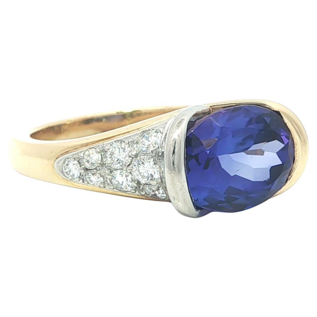 Krementz 18k Yellow Gold Platinum 3.66ctw Oval Channel Tanzanite Diamond Ring For Sale