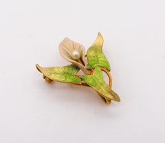 Krementz 1900 Art Nouveau Edwardian Enamel Orchid Flower Brooch in 18kt Gold