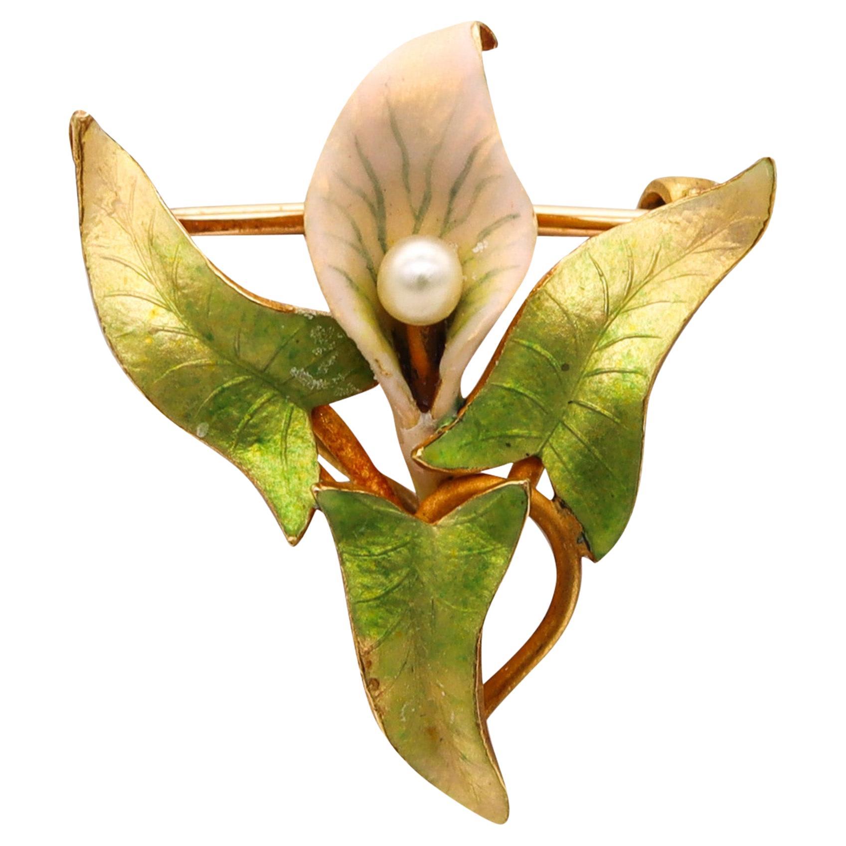 Krementz Art Nouveau 1905 Clematis Flower Enameled Brooch 18kt Gold