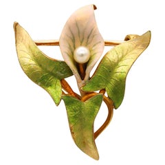 Krementz 1900 Art Nouveau Edwardian Enamel Orchid Flower Brooch in 18kt Gold