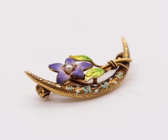 Krementz 1905 Art Nouveau Flower Enameled Pin Brooch in 18Kt Gold Natural Pearl