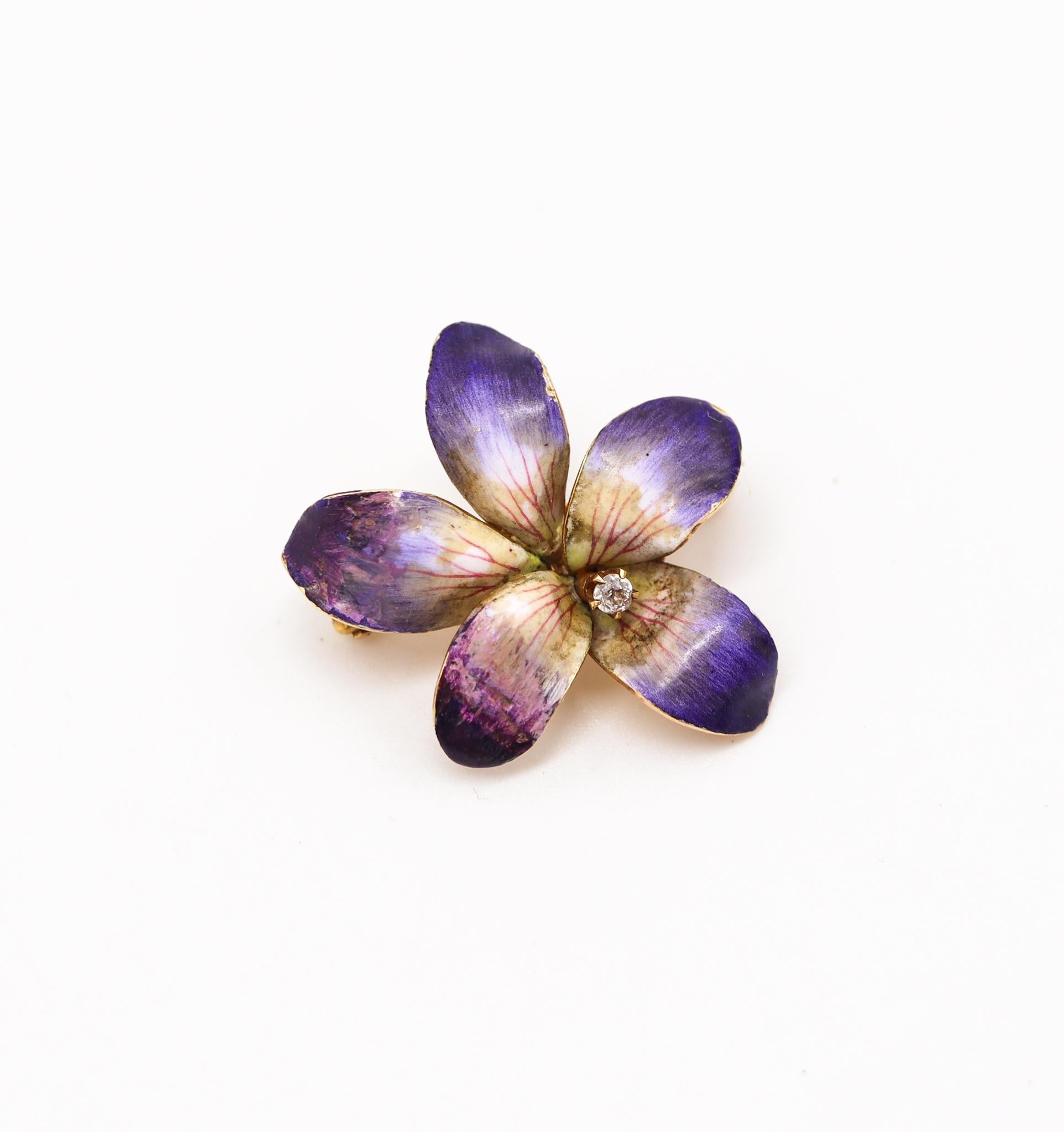 Edwardian Enameled flower pin created by Krementz & Co.

Beautiful colorful piece, created in New Jersey United States during the Edwardian and the Art Nouveau periods, back in the 1900-1910. This beautiful orchid flower pin brooch has been