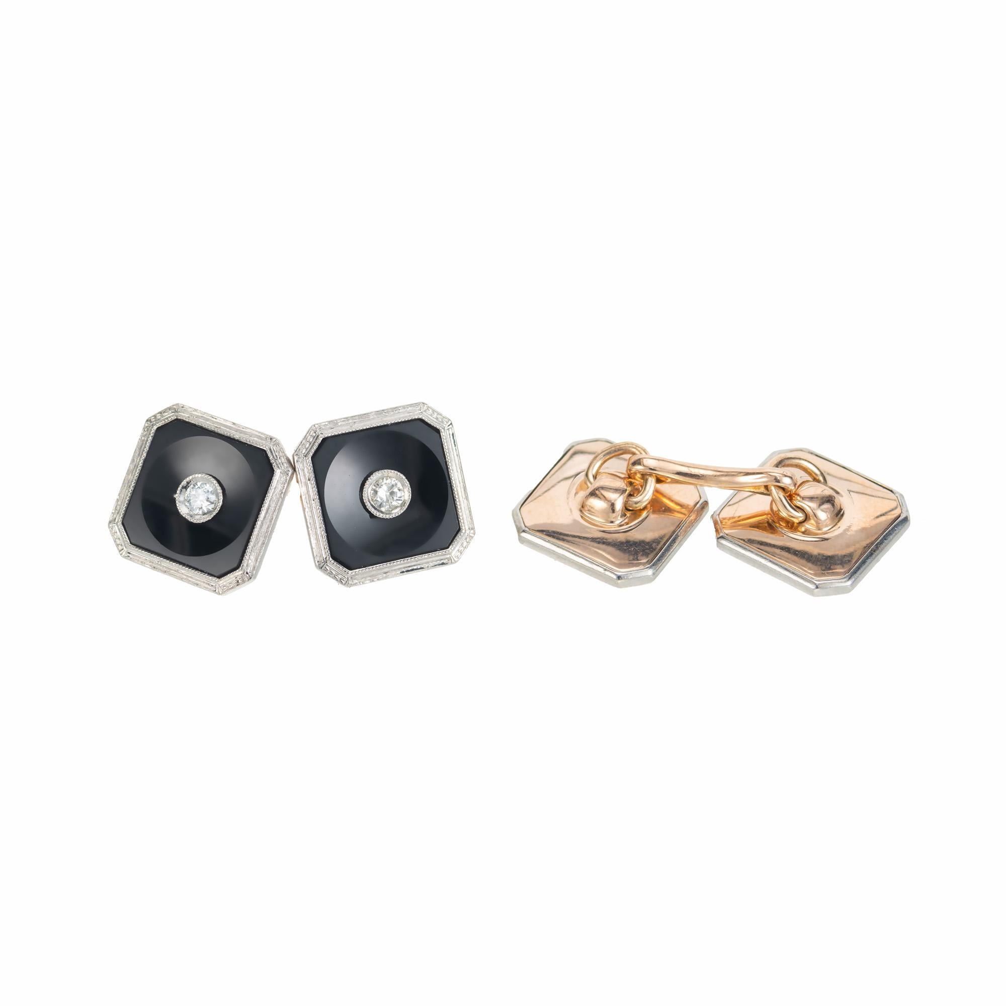 Early 1920's Krementz of New Jersey 14k onyx and diamond dress set in 14k gold with a platinum top. See the details listed below. 

2 double sided cufflinks:
2 full cut diamonds, H VS approx. .15cts
carved black onyx
4 Studs:
4 diamonds, H VS