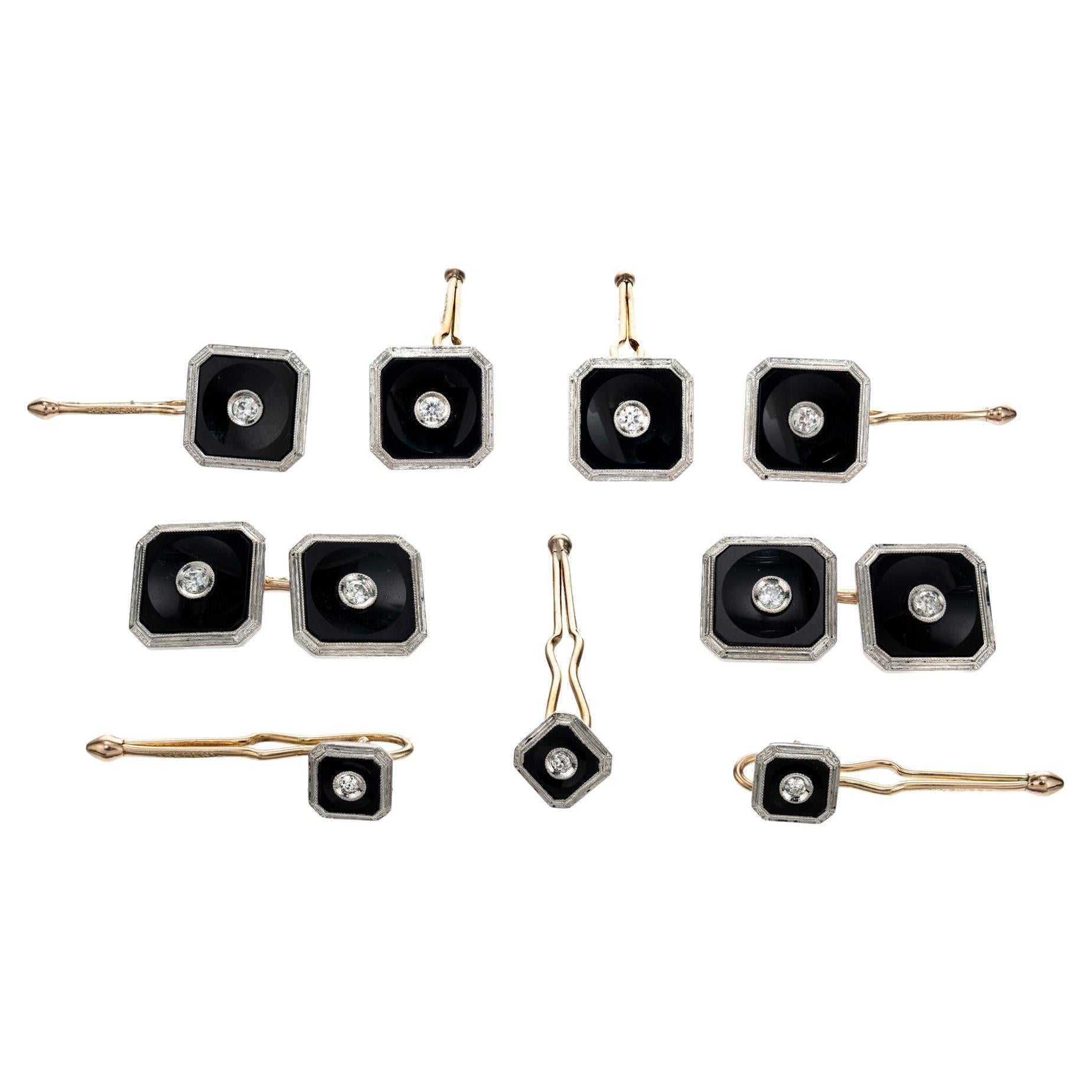 Krementz .52 Carat Diamond Black Onyx Platinum Gold Cufflink Stud Set en vente
