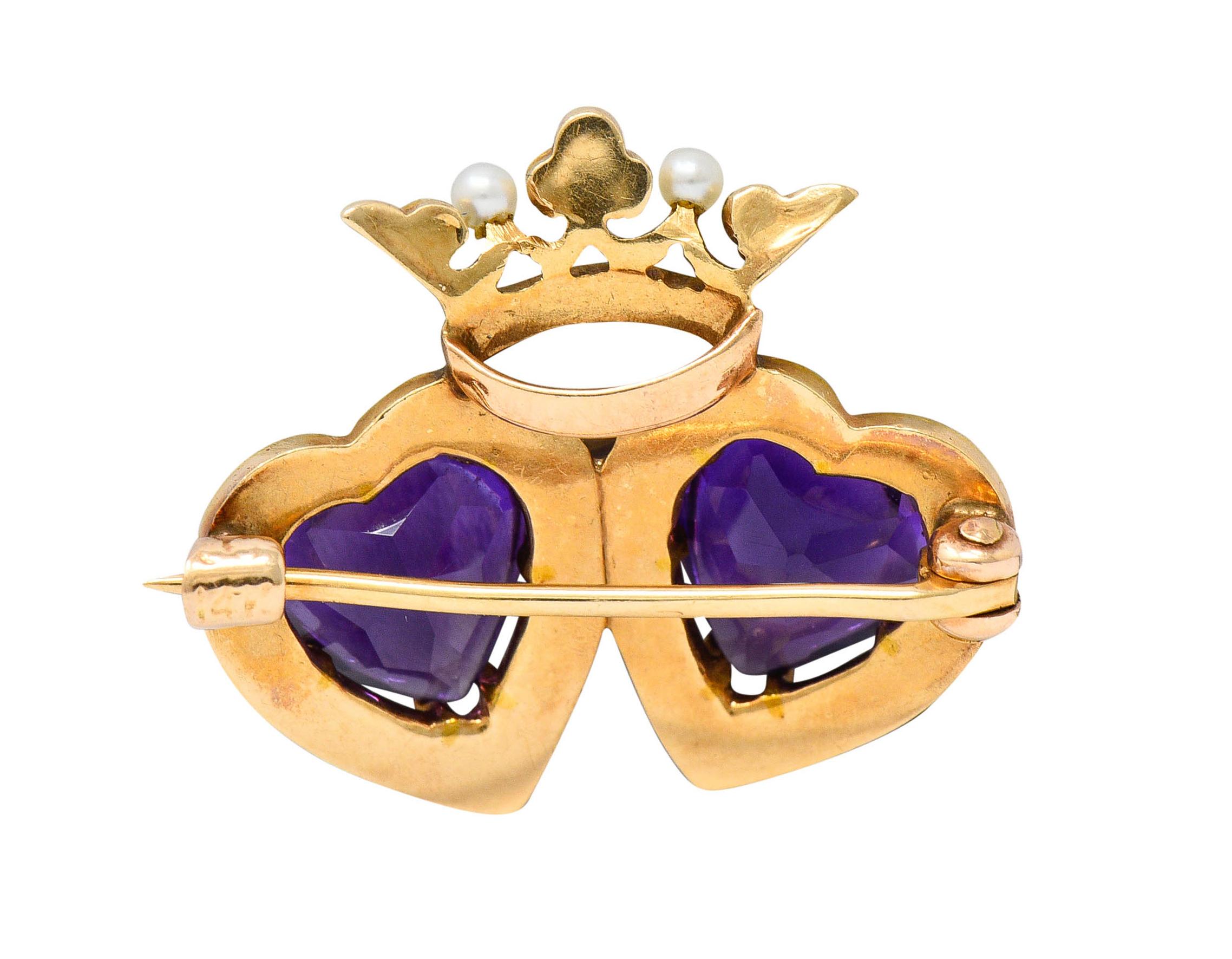 Art Nouveau Krementz Amethyst Freshwater Natural Pearl 14 Karat Gold Double Heart Brooch