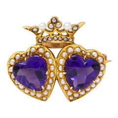 Krementz Amethyst Freshwater Natural Pearl 14 Karat Gold Double Heart Brooch