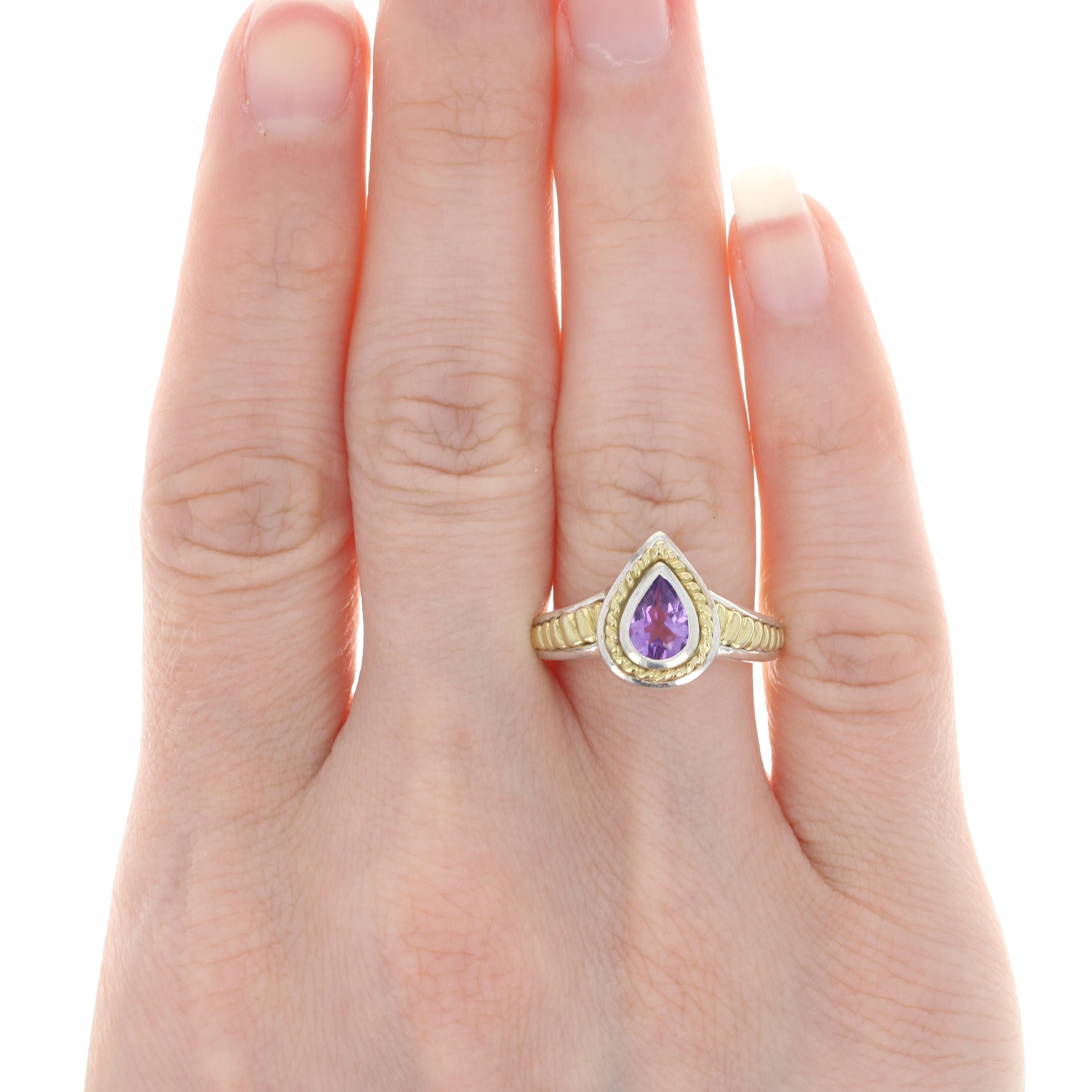 For Sale:  Krementz Amethyst Solitaire Ring Silver & Yellow Gold, 925 & 18k Pear .65ct 3
