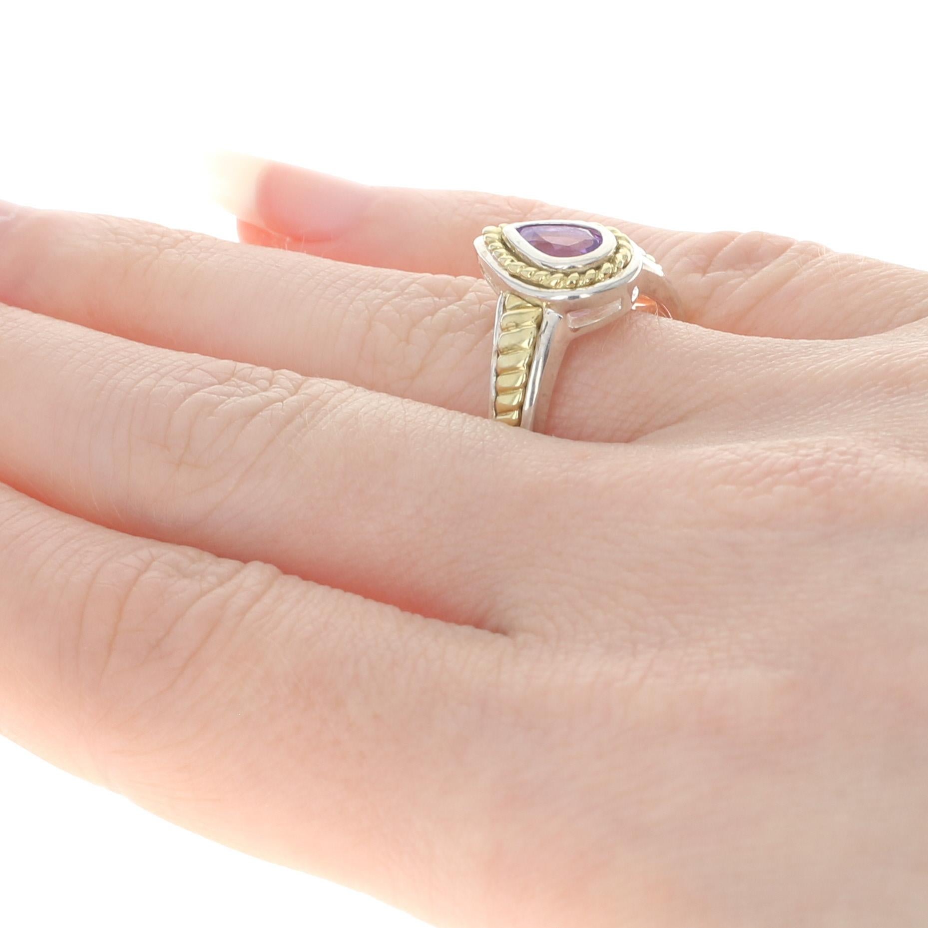 For Sale:  Krementz Amethyst Solitaire Ring Silver & Yellow Gold, 925 & 18k Pear .65ct 4