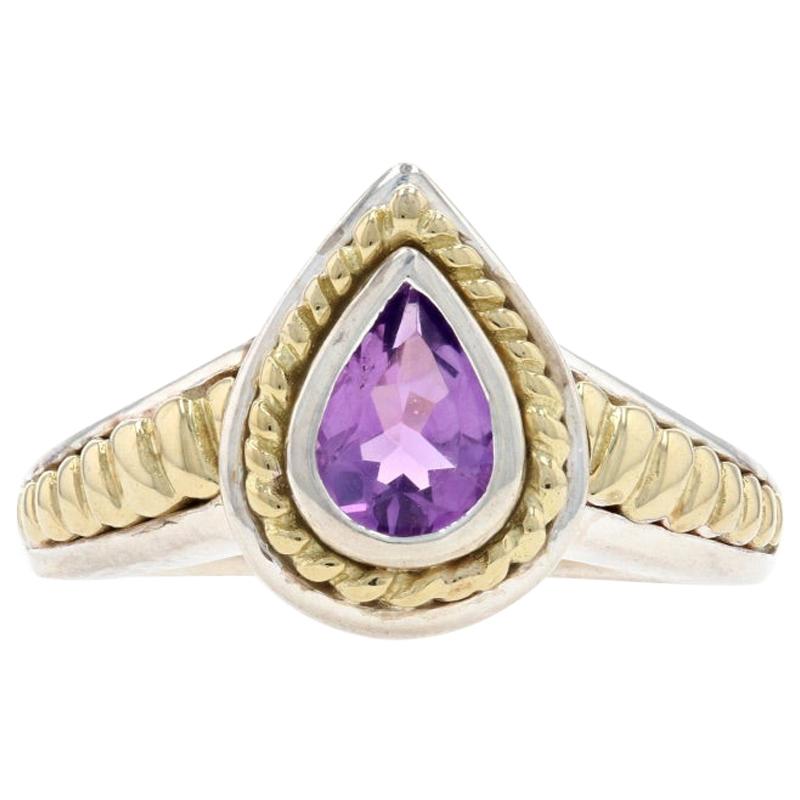 For Sale:  Krementz Amethyst Solitaire Ring Silver & Yellow Gold, 925 & 18k Pear .65ct