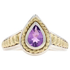 Vintage Krementz Amethyst Solitaire Ring Silver & Yellow Gold, 925 & 18k Pear .65ct