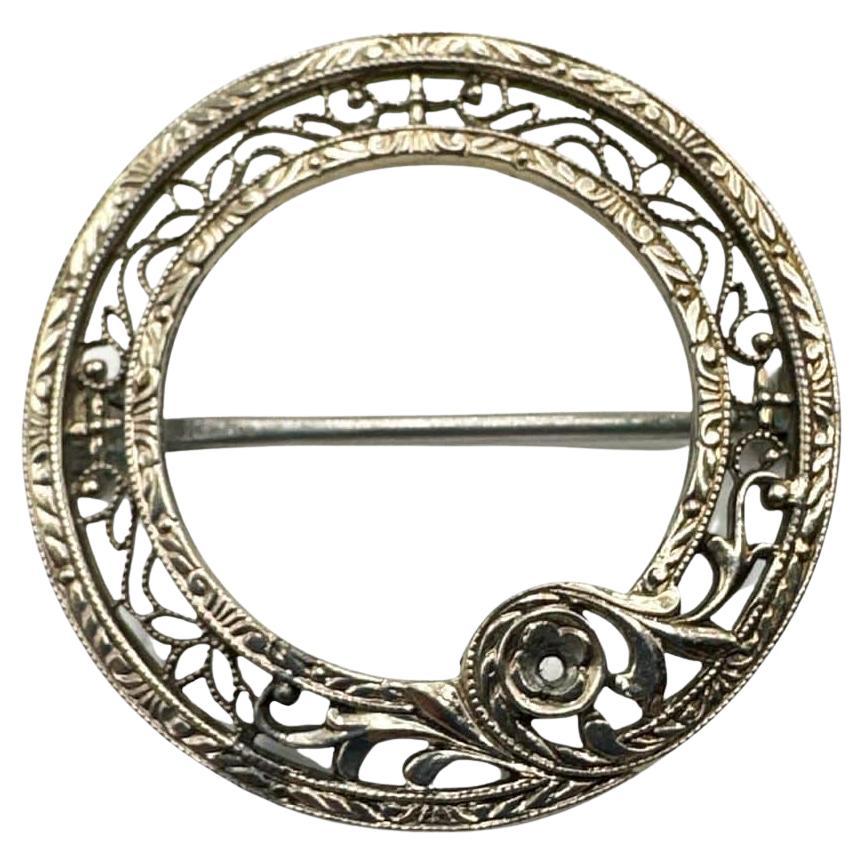 Krementz Antique Art Deco Brooch in 14K Gold and Platinum For Sale