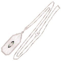 KREMENTZ Art Deco 14k Rock Quartz Crystal, Diamond, & Enamel Pendant Necklace