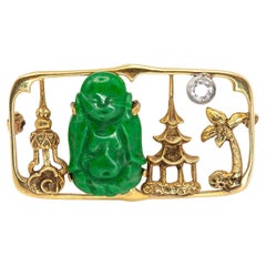 Broche Pagoda Buda Krementz Art Decó 14K YG Diamante Jadeíta