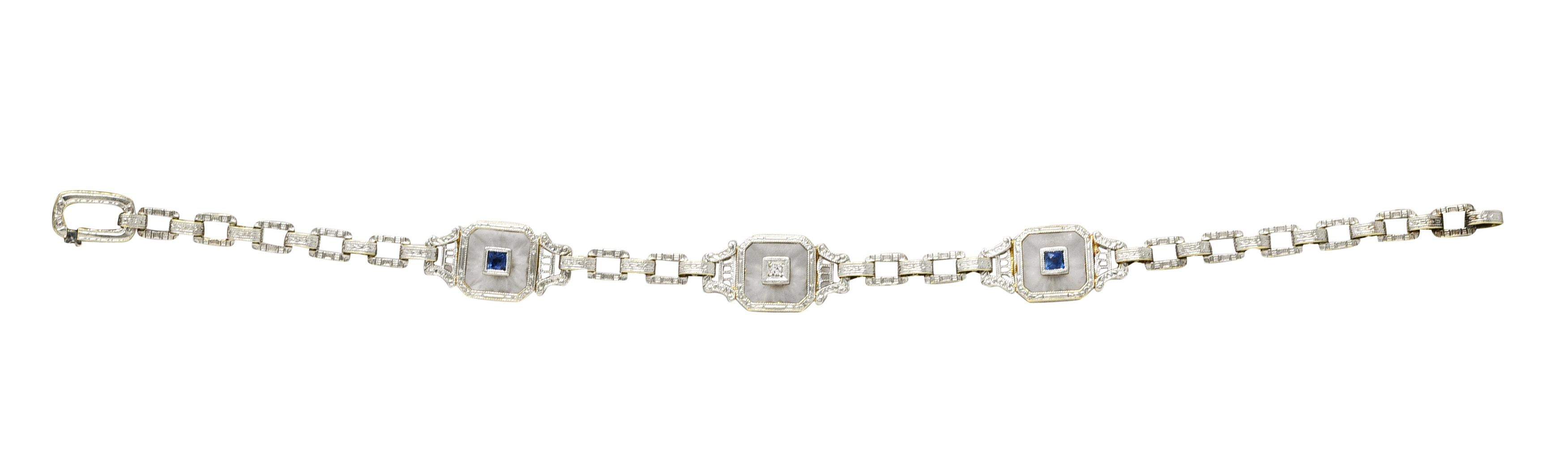 Krementz Art Deco Sapphire Diamond Camphor Glass 14 Karat Two-Tone Gold Bracelet 2