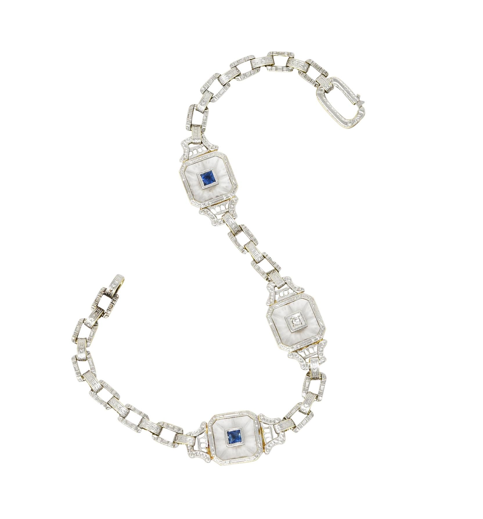 Krementz Art Deco Sapphire Diamond Camphor Glass 14 Karat Two-Tone Gold Bracelet 5