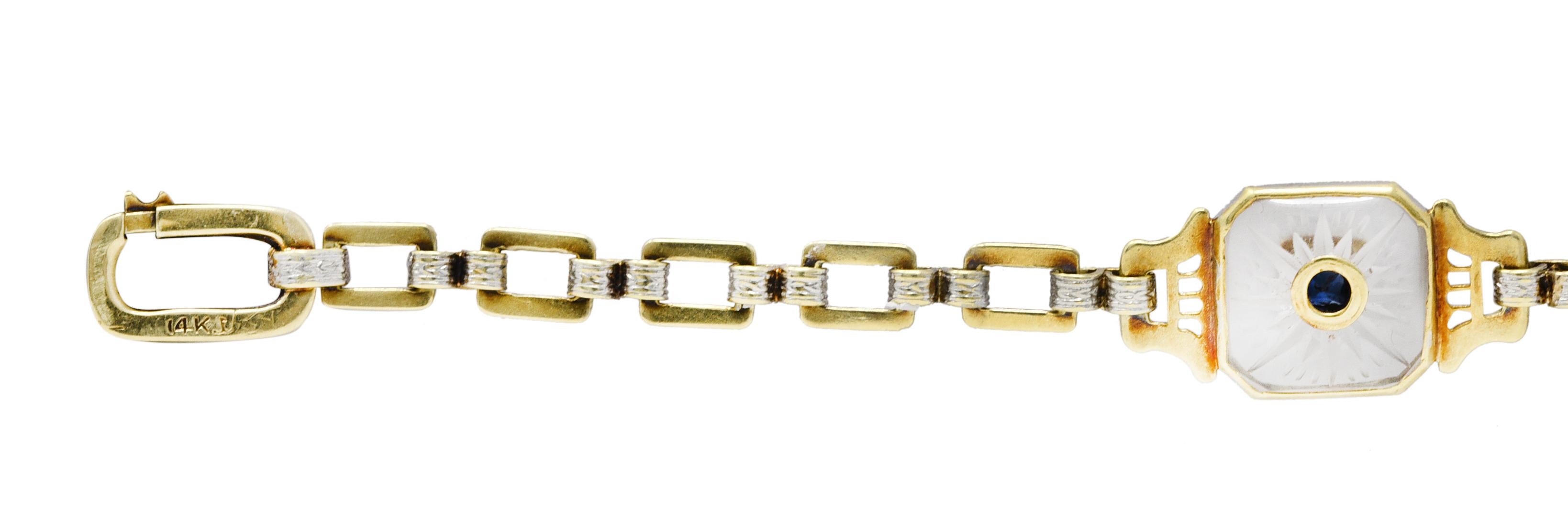 French Cut Krementz Art Deco Sapphire Diamond Camphor Glass 14 Karat Two-Tone Gold Bracelet