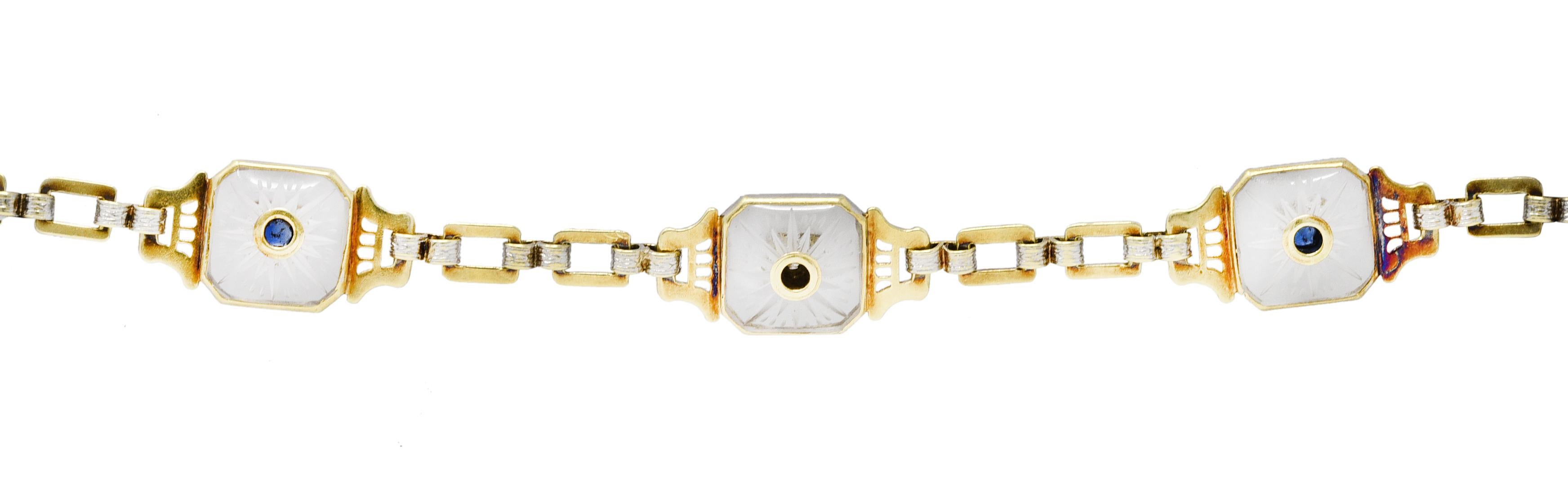Krementz Art Deco Sapphire Diamond Camphor Glass 14 Karat Two-Tone Gold Bracelet In Excellent Condition In Philadelphia, PA