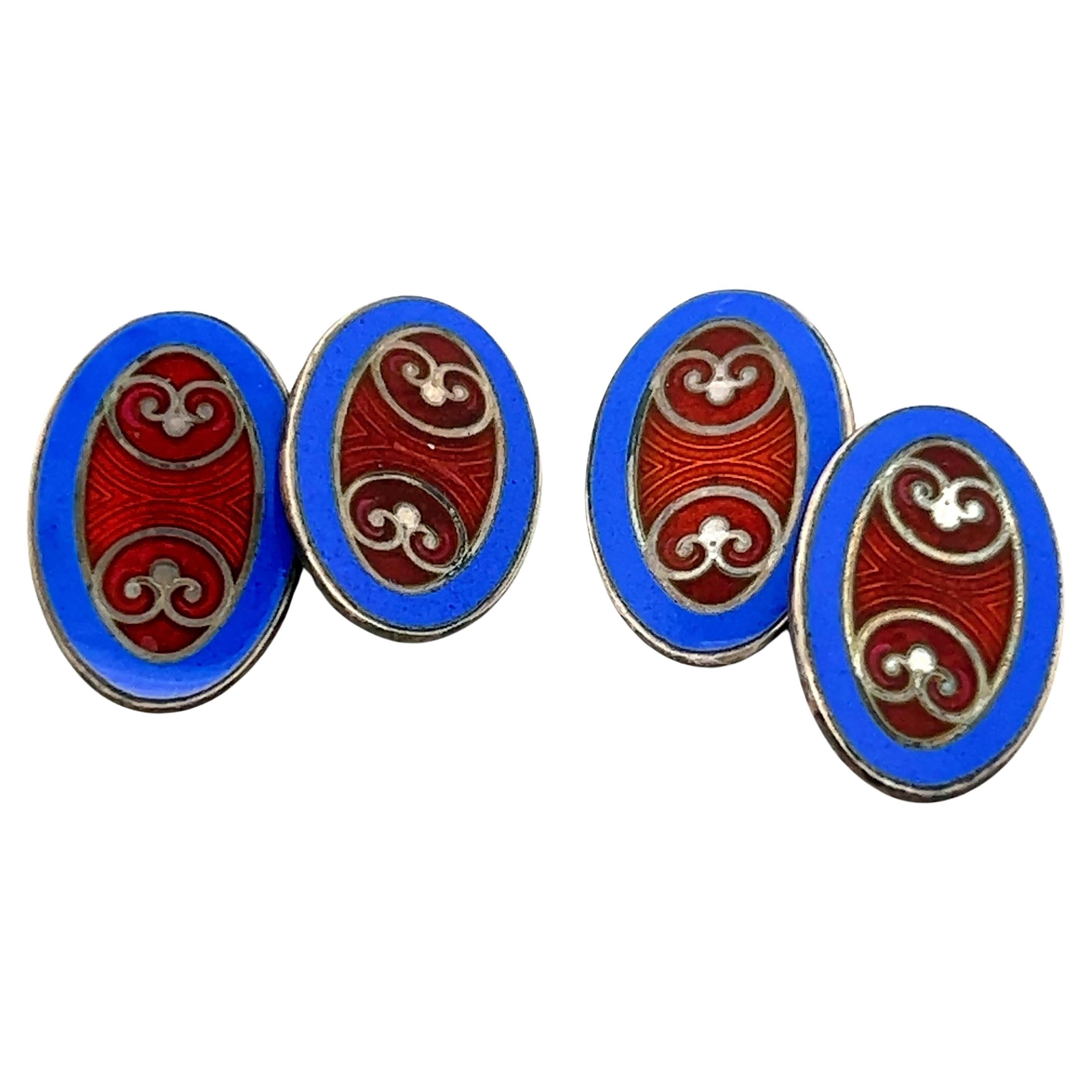 Krementz Art Deco Sterling Silver Brown and Blue Enameled Cufflinks