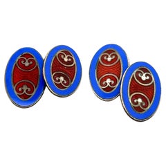 Krementz Art Deco Sterling Silver Brown and Blue Enameled Cufflinks