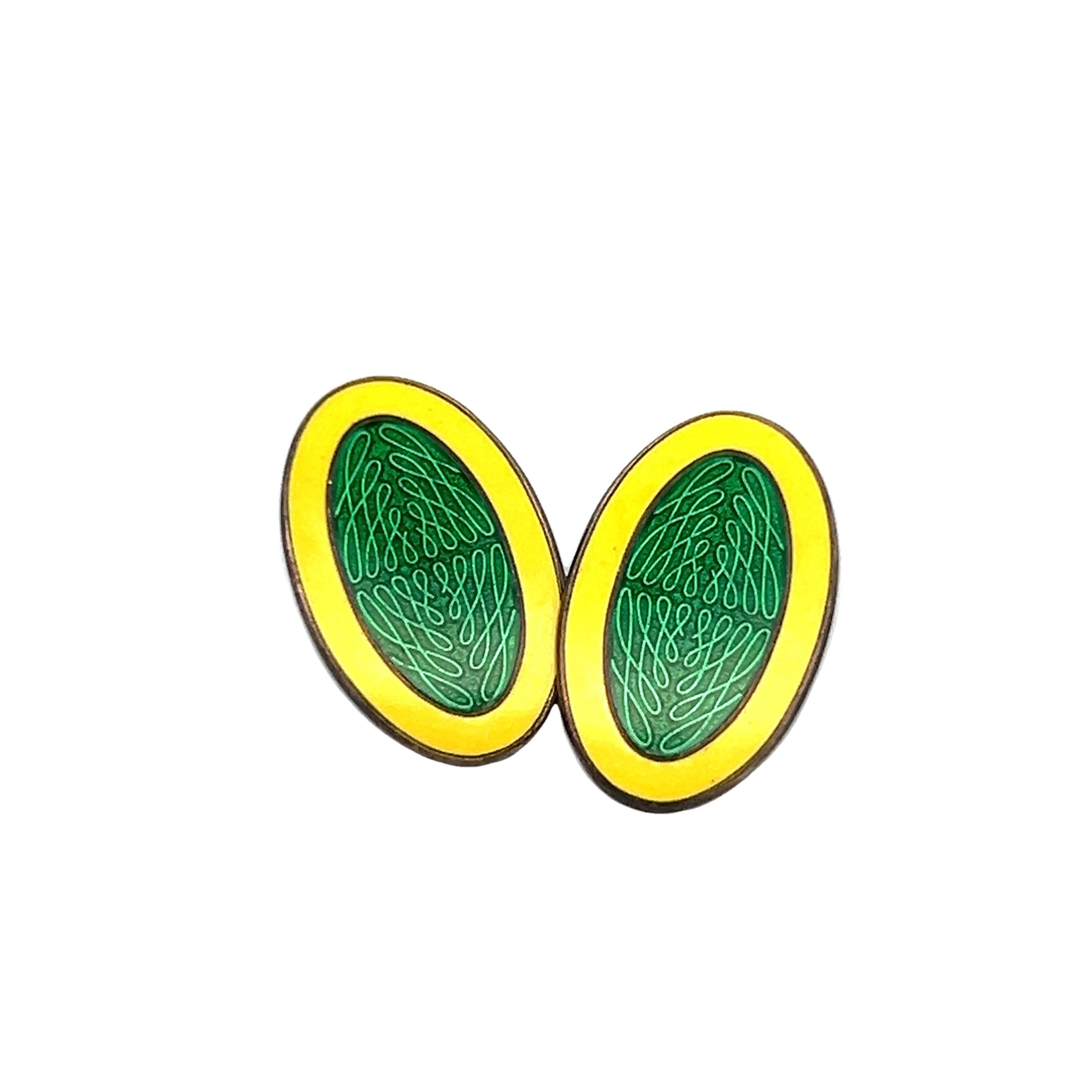 Art Déco Gemelli da polso Krementz Art Deco in argento sterling smaltato verde e giallo in vendita