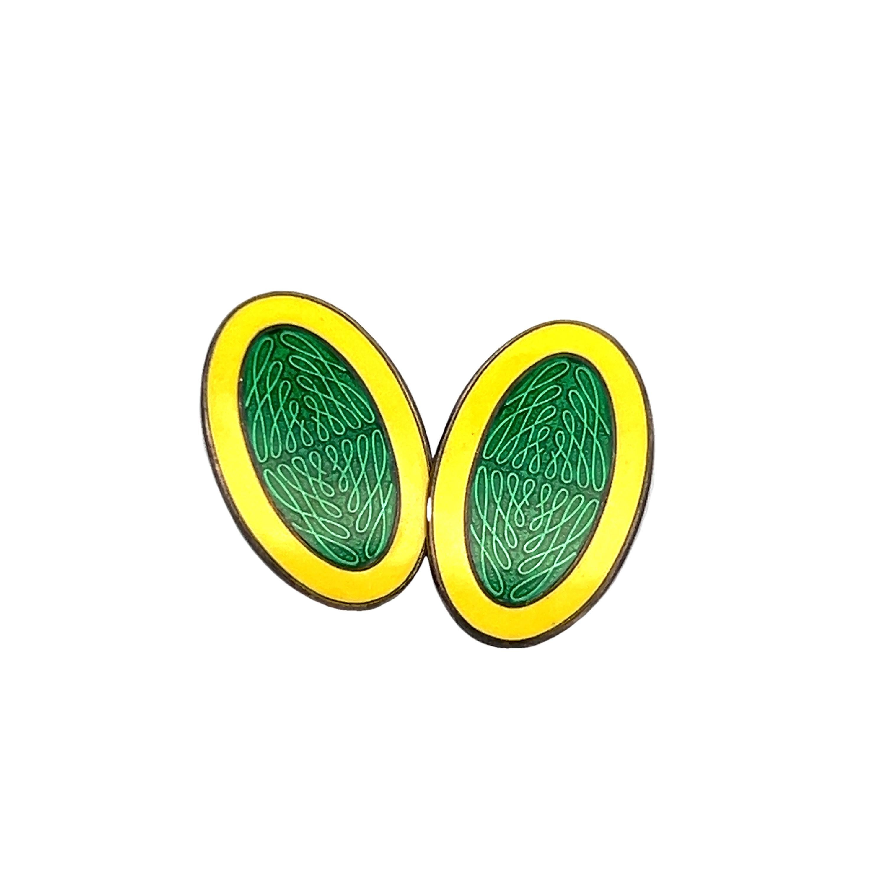 Gemelli da polso Krementz Art Deco in argento sterling smaltato verde e giallo In condizioni buone in vendita a Lexington, KY