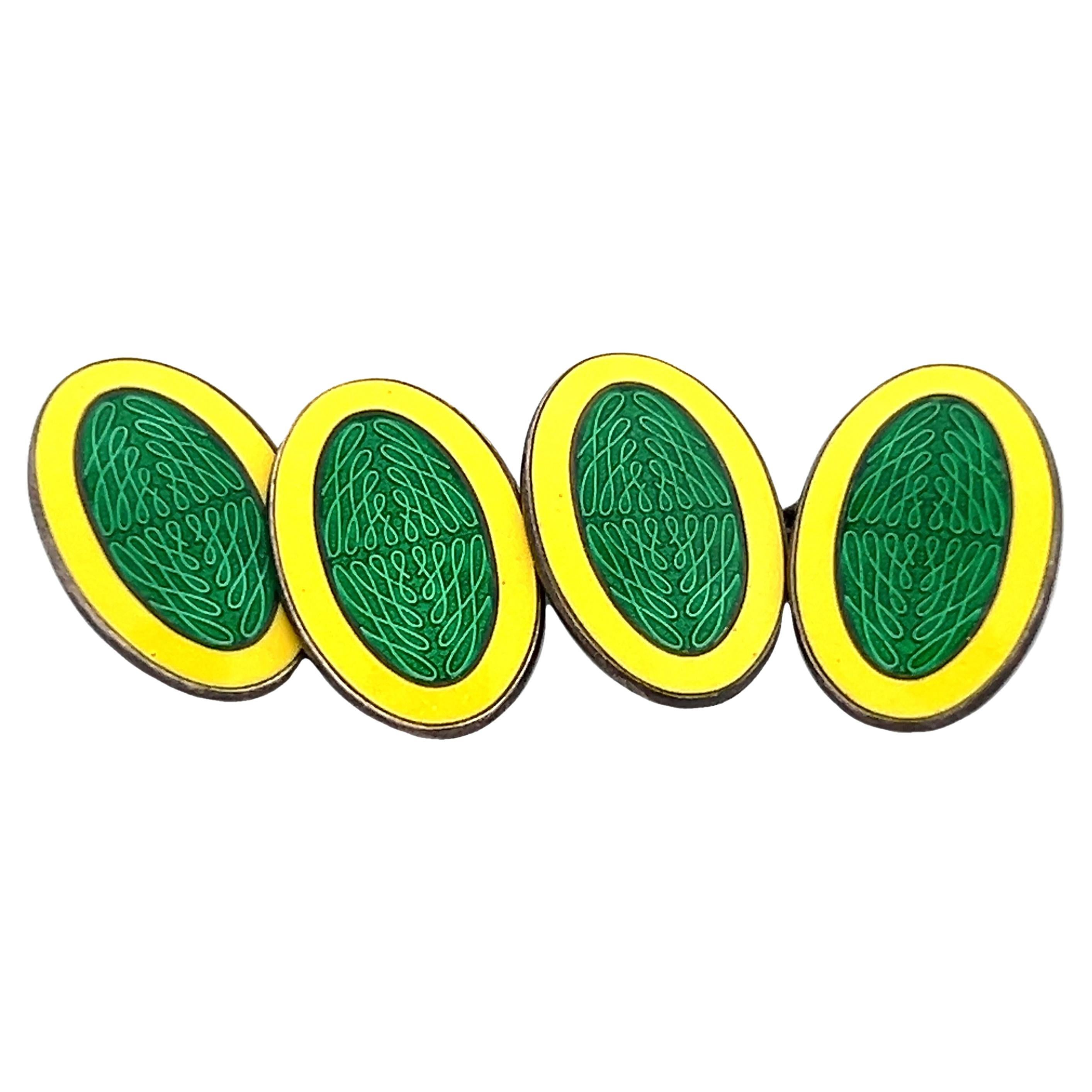 Krementz Art Deco Sterling Silver Green and Yellow Enameled Cufflinks